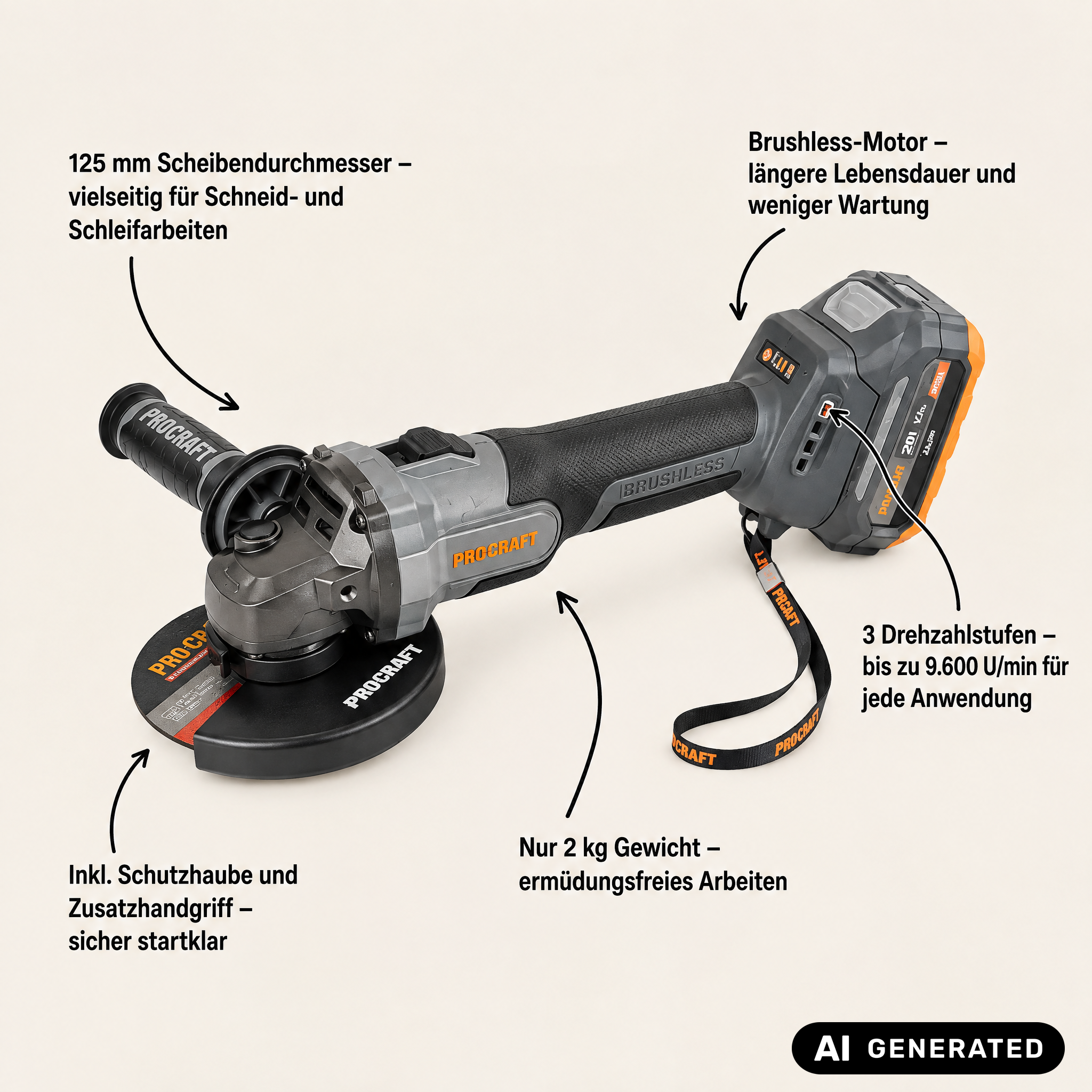 Procraft Industrial AG125Abb Akku Winkelschleifer 20 V 125 mm Brushless + 1x Akku 2,0 Ah - ohne Ladegerät