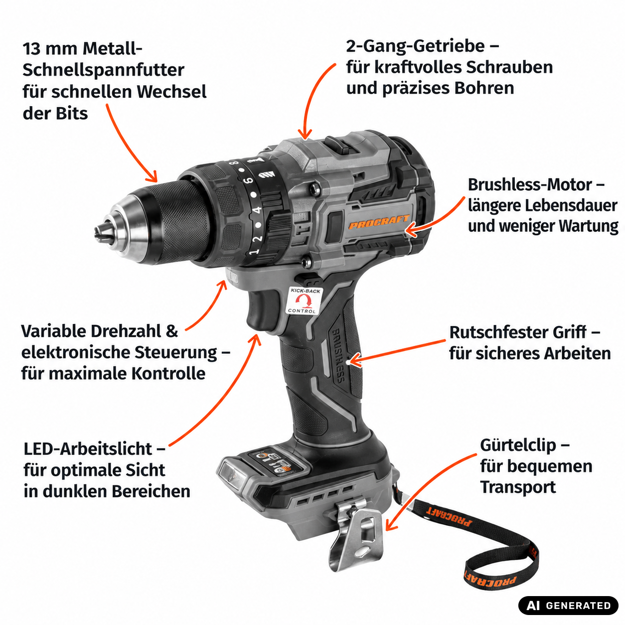 Procraft Industrial CD20B-BB Akku Schlagbohrschrauber 20 V 150 Nm Brushless + 1x Akku 4,0 Ah + Ladegerät + RHINO Toolcase