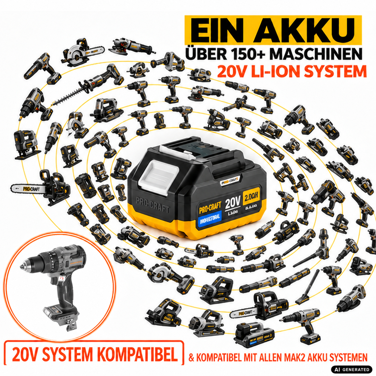 Procraft Industrial CD20B-BB Akku Schlagbohrschrauber 20 V 150 Nm Brushless + 1x Akku 4,0 Ah + Ladegerät + RHINO Toolcase