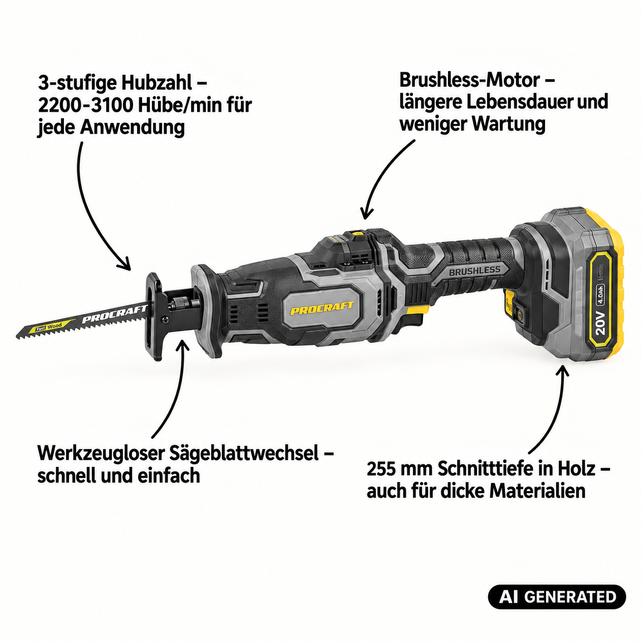 Procraft Industrial RS20Abb Recipro Säbelsäge 20 V Brushless + 1x Akku 4,0 Ah - ohne Ladegerät