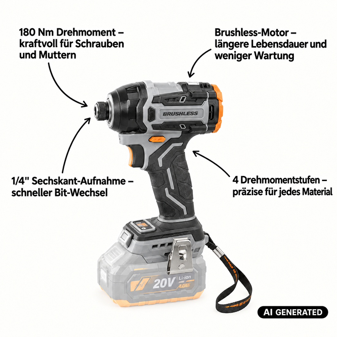 Procraft Industrial ID20Abb Akku Schlagschrauber 20 V 180 Nm 1/4" + 1x Akku 4,0 Ah + Ladegerät + RHINO Toolcase