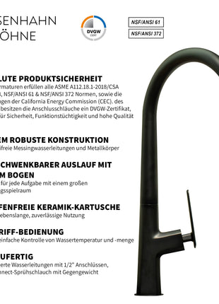 Rosenhahn & Söhne Sylt 100 Küchenarmatur mit Brause- 360° drehbarer Wasserhahn Küche - Armatur Küche [schwarz] - 2-fach verstellbare Spültischarmatur - Brause & Strahl - Anschlussschläuche - Toolbrothers