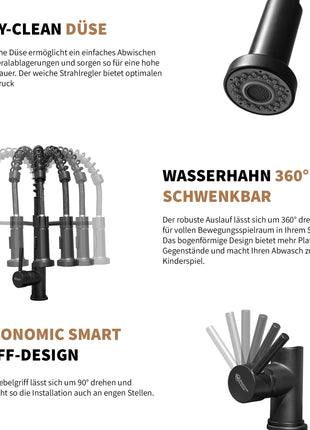 Rosenhahn & Söhne Sylt 200 Küchenarmatur mit Brause- 360° drehbarer Wasserhahn Küche - Armatur Küche [schwarz] - 2-fach verstellbare Spültischarmatur - Brause & Strahl - Anschlussschläuche - Toolbrothers