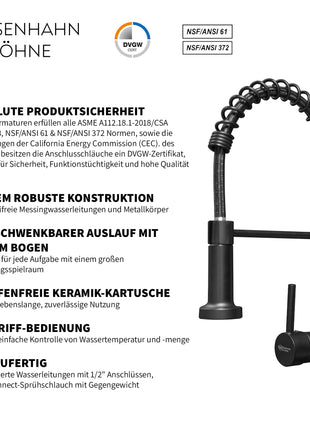 Rosenhahn & Söhne Sylt 200 Küchenarmatur mit Brause- 360° drehbarer Wasserhahn Küche - Armatur Küche [schwarz] - 2-fach verstellbare Spültischarmatur - Brause & Strahl - Anschlussschläuche - Toolbrothers