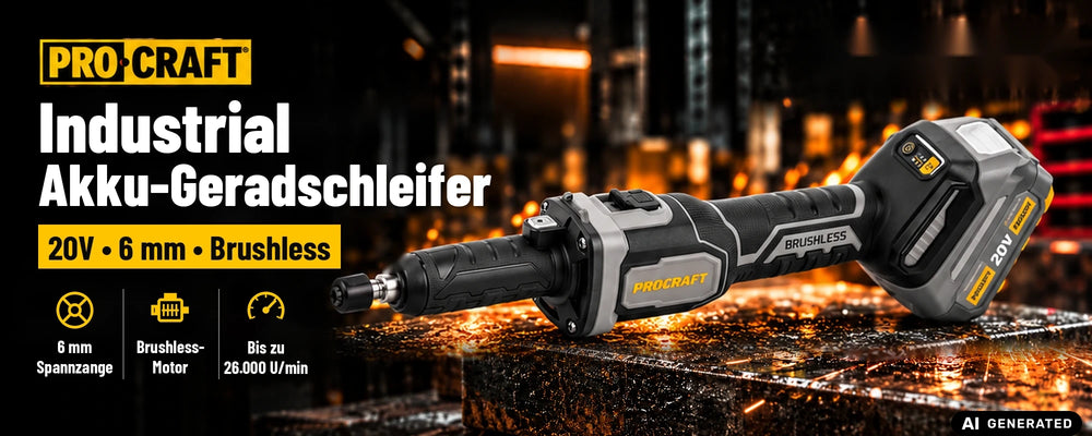 Procraft Industrial DG20A-BB Akku Geradschleifer 20 V 6 mm Brushless + 1x Akku 2,0 Ah + Ladegerät