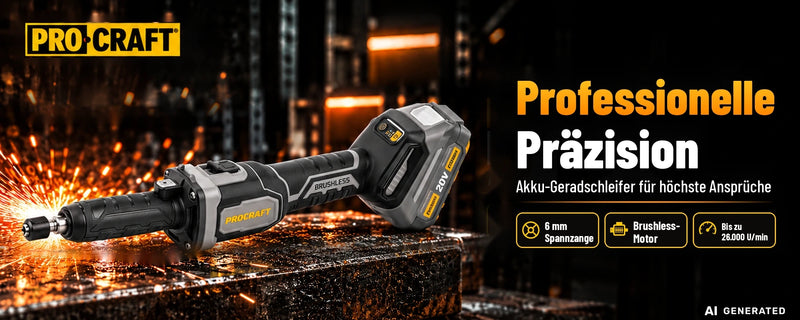 Procraft Industrial DG20A-BB Akku Geradschleifer 20 V 6 mm Brushless + 2x Akku 4,0 Ah + Ladegerät