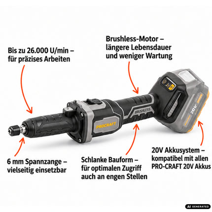 Procraft Industrial DG20A-BB Akku Geradschleifer 20 V 6 mm Brushless + 2x Akku 4,0 Ah + Ladegerät