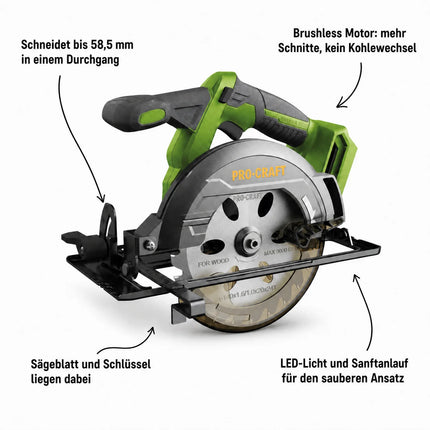 Procraft PCA32-BB Akku Handkreissäge 20 V 165 mm Brushless + 1x Akku 4,0 Ah - ohne Ladegerät