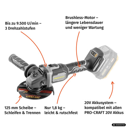 Procraft Industrial AG125Bbb Akku Winkelschleifer 20 V 125 mm Brushless + 1x Akku 2,0 Ah + Ladegerät + RHINO Toolcase