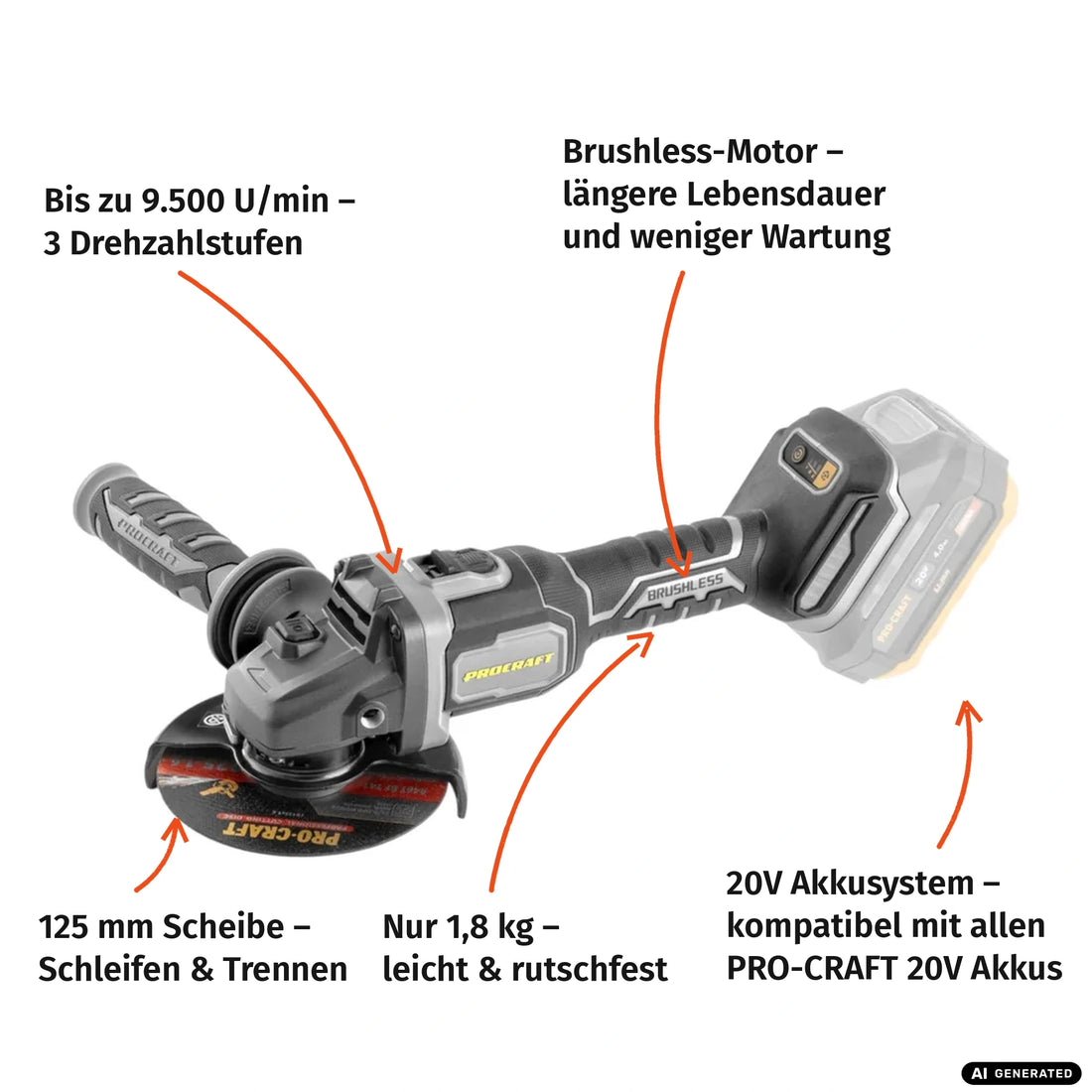 Procraft Industrial AG125Bbb Akku Winkelschleifer 20 V 125 mm Brushless + 1x Akku 2,0 Ah + Ladegerät + RHINO Toolcase